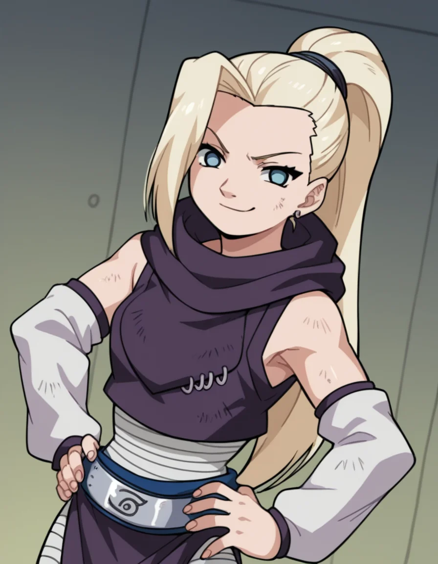 score_9, score_8_up, score_7_up, source_anime, <lora:ino-yamanaka-s1-ponyxl-lora-nochekaiser:1>, ino yamanaka, long hair, blonde hair, ponytail, high ponytail, blue eyes,, bare shoulders, detached sleeves, bandages, bandaged leg, sleeveless, hoodie, hood down, crop top, purple crop top, pelvic curtain, detached sleeves,, indoors, smug, smile, looking at viewer, solo, hands on hips,, cowboy shot, dutch angle