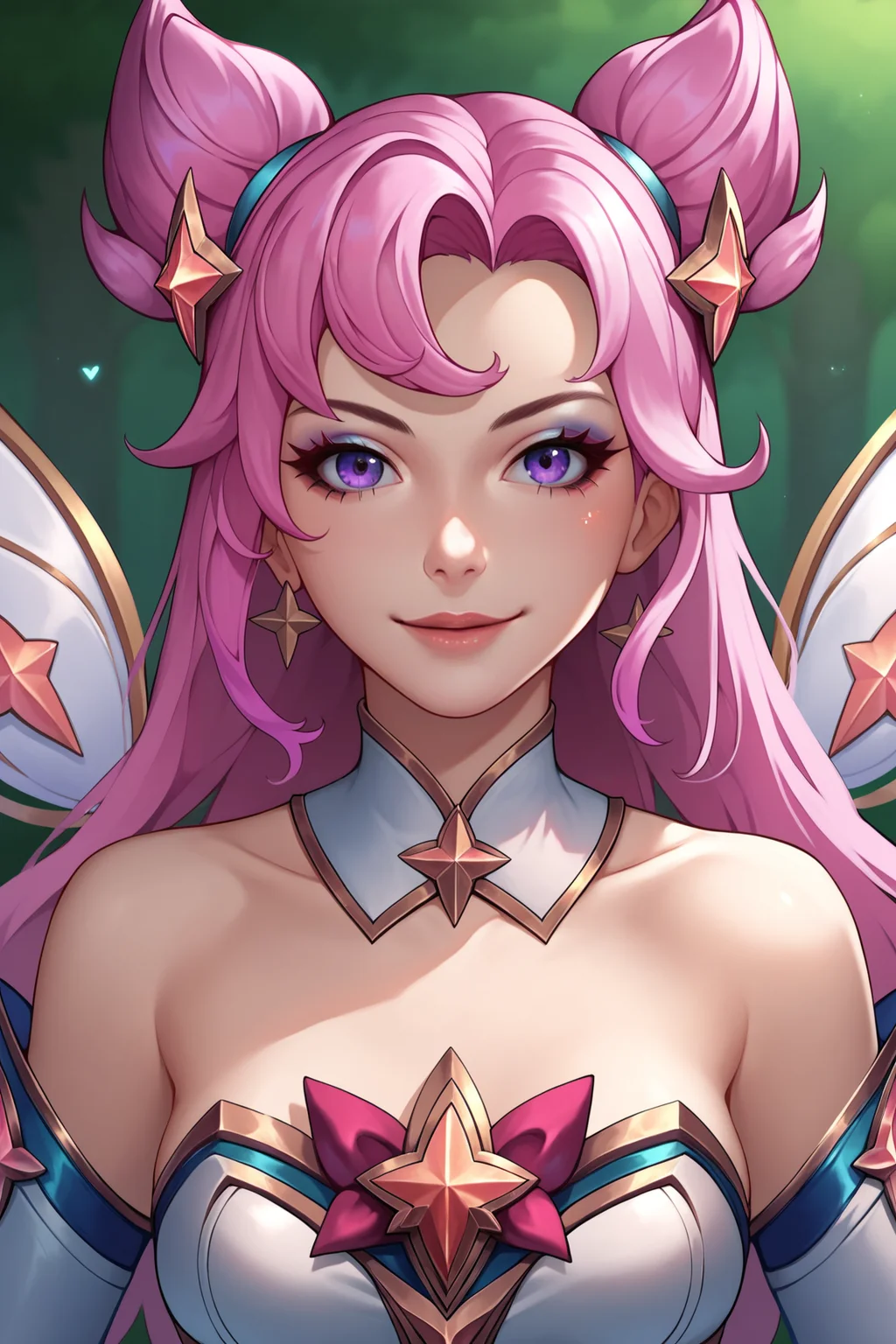 score_9, score_8_up, score_7_up, score_6_up, score_5_up, score_4_up, KaisaSGXL, star guardian (league of legends), makeup, purple eyes, pink hair, cone hair bun, bangs, long hair, hair ornament, jewelry, star (symbol), medium breasts, wings, detached collar, bare shoulders, white dress, detached sleeves, white elbow gloves, (solo), front view, solo focus, (portrait, upper body), seductive smile, looking at viewer, forest, tree <lora:KaisaSGXL:0.8>