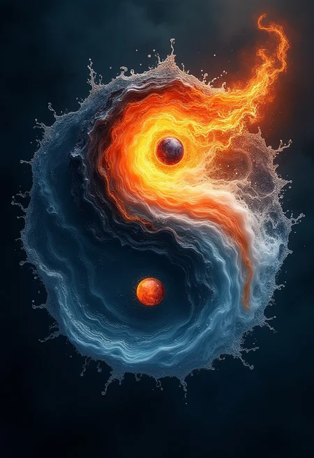 A yin yang symbol made of elements, fire and water, from above with swirling water and flowing fire forming the yin yang symbol. In the style of a digital painting, dark, firelit.