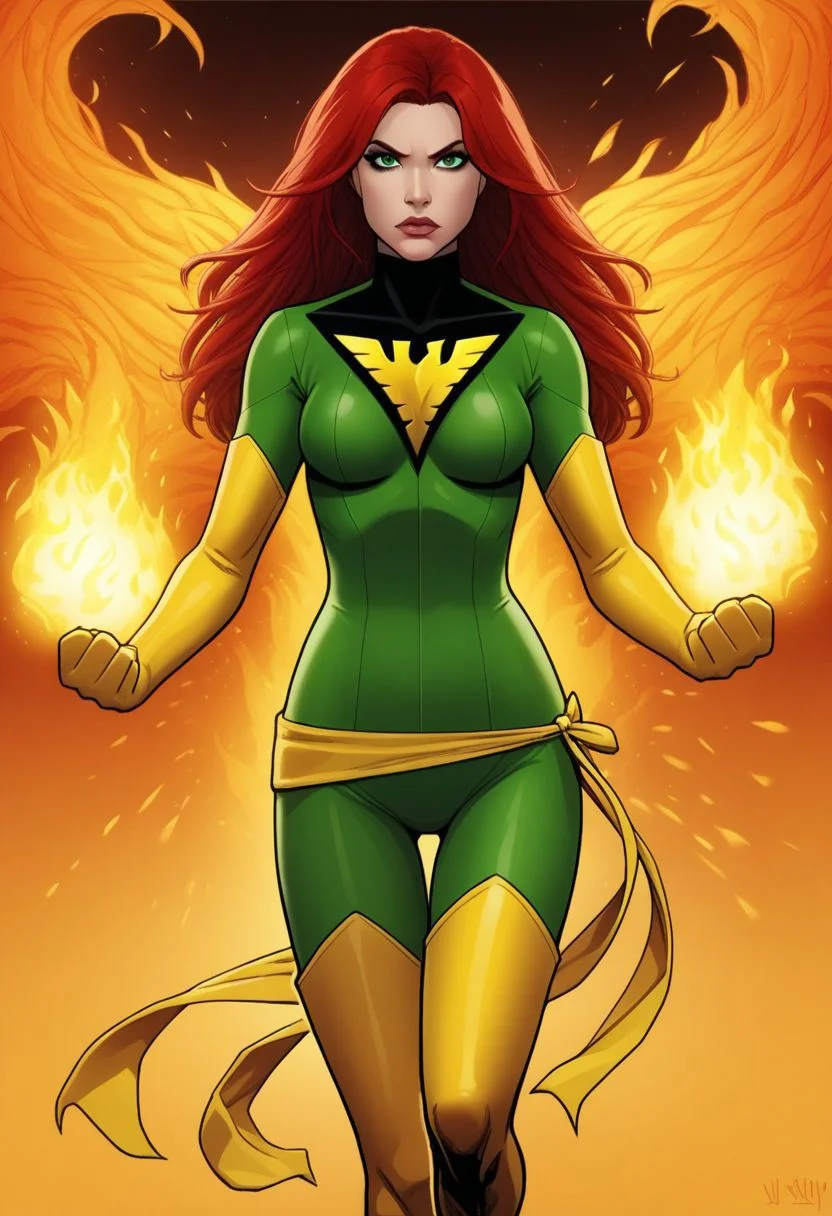 END_JnGR3Y, 1girl, solo, long hair, looking at viewer, thighhighs, gloves, medium breasts, green eyes, red hair, boots, elbow gloves, lips, bodysuit, makeup, thigh boots, fire, clenched hand, skin tight, cropped legs, magic, superhero, thigh boots, yellow gloves, yellow thighhighs, green bodysuit, yellow bodysuit, yellow belt, phoenix symbol, yellow waist ribbon, green bodysuit, yellow boots BREAK PonyXLV6_Scores