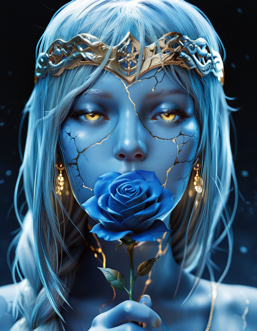 1girl, looking at viewer, earrings, fashionable dress, (holding the stem of a big rose), sniffing rose, brings a rose to her face, half-closed eyes, close up portrait, cinematic composition, blue theme, intricate, elegant, highly detailed, symmetry, magical atmosphere, sharp focus, majestic, very coherent, radiant, advanced, cinematic, artistic, fine detail, winning, beautiful, stunning, dramatic light, designed, rich deep colors, perfect professional background, ambient, tailored set composition, professional 3d model (masterpiece, best quality, ultra-detailed, absurdres, newest, detailed textures, correct anatomy:1), complex background, <lora:BeautyInEvilIL:0.5>, hkevil, <lora:QueenMarika1llust:0.7>, queen marika, queen marika \(elden ring\), jewelry, golden crown, goddess-like, [ silver | blonde ] hair, braid, long hair, lips, yellow eyes, <lora:x3d:0.5>, x3d, 3d, octane render, volumetric, dramatic lighting, <lora:KintsugiILL:1>, gold, kintsugi, cracked skin, piercing gaze