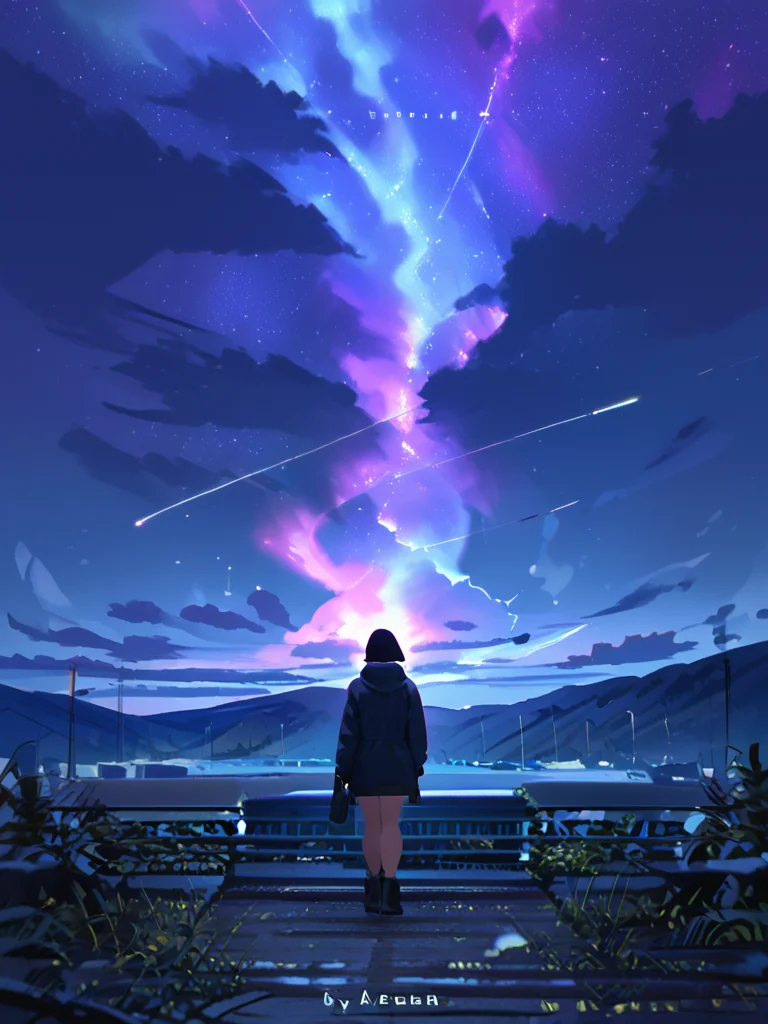 PDXL, <lora:AenuaV1:1>, a3nua, 
1girl, standing on top of a snowy hill, watching northern lights, aurora, night, night sky