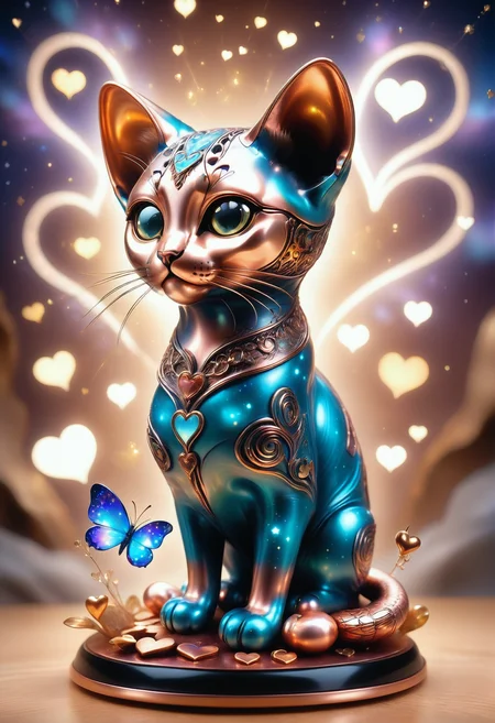 a cute zhibi domestic animal <lora:zhibi:0.8> made out of Jed-ANC <lora:ArtNouveauCopperStyle:0.9>, cuteness overload, surrounded by stardust and floating hearts <lora:heartmiststyle:0.5> in a starLS fantasy landscape <lora:stardustlandscapes-000006:0.7>, (neo, sphynx cat:1.3) , weird and scaly, at dusk, mystical, contest winner, striking, complex, romantic, original