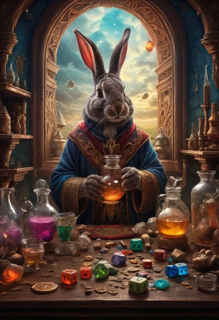 Ethereal fantasy concept art of a Rabbit Mage brewing potions. Dice, magnificent, celestial, ethereal, painterly, epic, majestic, magical, fantasy art, cover art, dreamy, insanely detailed and intricate, hyper maximalist, elegant, hyper realistic, super detailed, vivid colours, ornate, dynamic, articulate, 8K, <lora:3D_Framed_Wall_Art_-_By_DICE:0.6>, (Framed 3D), EPIC, high budget Hollywood movie, volumetric, Painstaking Attention To Detail, UHD