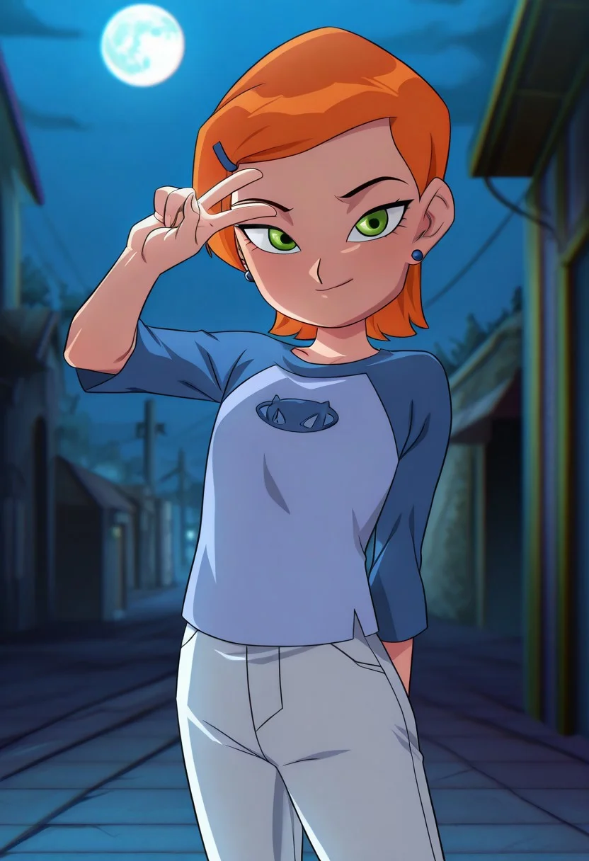 masterpiece, best quality, vibrant colors, amazing quality, very aesthetic, absurdres, Rom@_ArtStyle, rom_\(20\), official art, anime coloring, anime screencap, absurd res, solo, Gwen_Tennyson, 1girl, solo, orange hair, short hair, green eyes, earrings, shirt, white pants, cowboy shot, <lora:GwenTennyson_Ben10_illustrious_Leaf1-000019:1>, standing, v, v over eye, alleyway, moon, night, moonlight, looking at viewer, <lora:Rom_Art_Style_for_Illustrious_v6.0:1>:1>