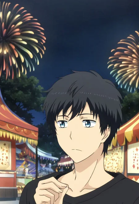 high resolution, solo, best quality, 1Boy, Arata Kaizaki, Black Hair, Blue Eyes, Festival, Date, Firework, OverallDetail