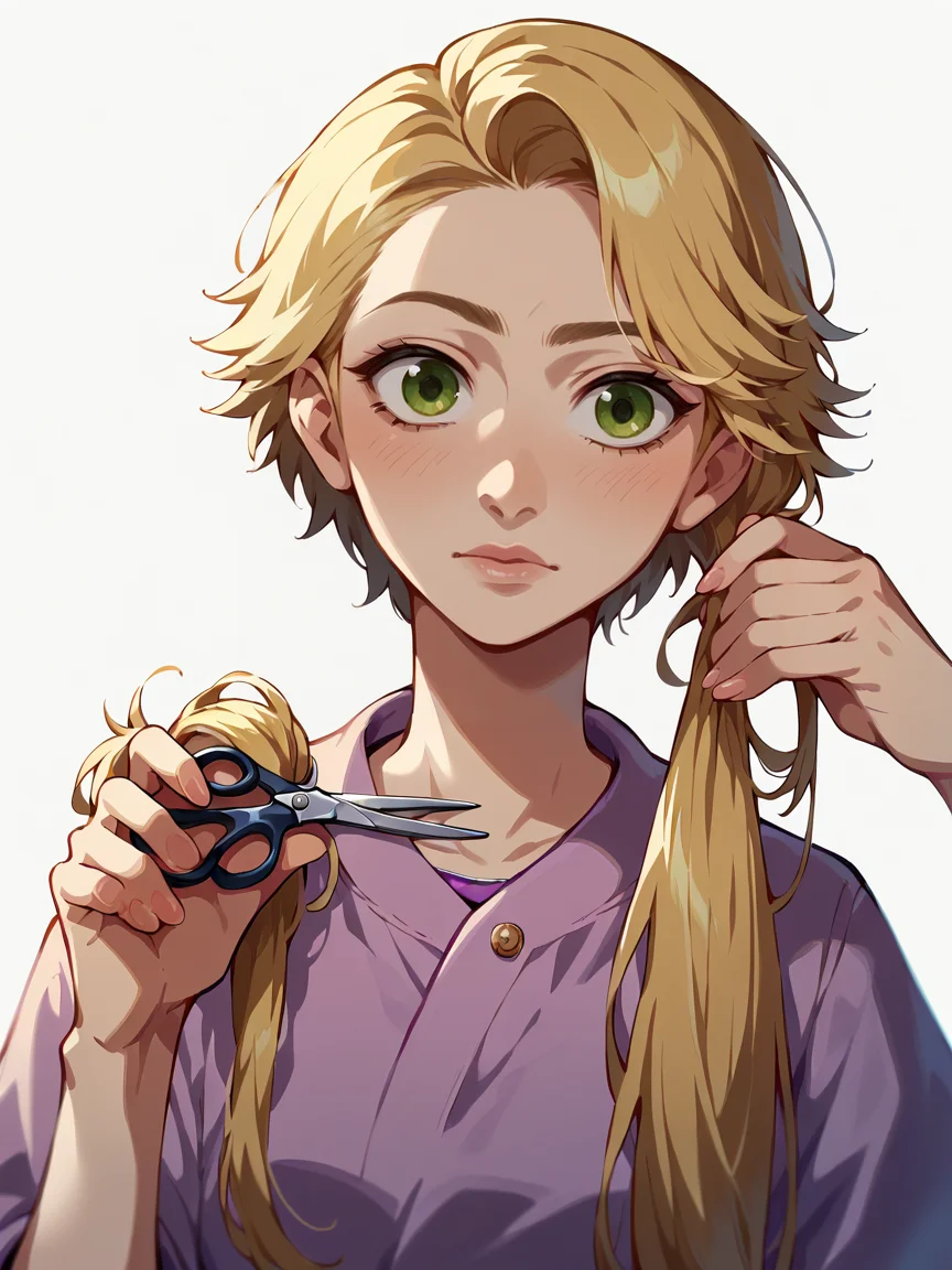 score_9, score_8_up, score_7_up, score_6_up,   <lora:cuth41r2:1> cutting hair, cuth41r, haircut, cut off hair, cutting hair, holding hair, holding scissors, 1girl, Rapunzel