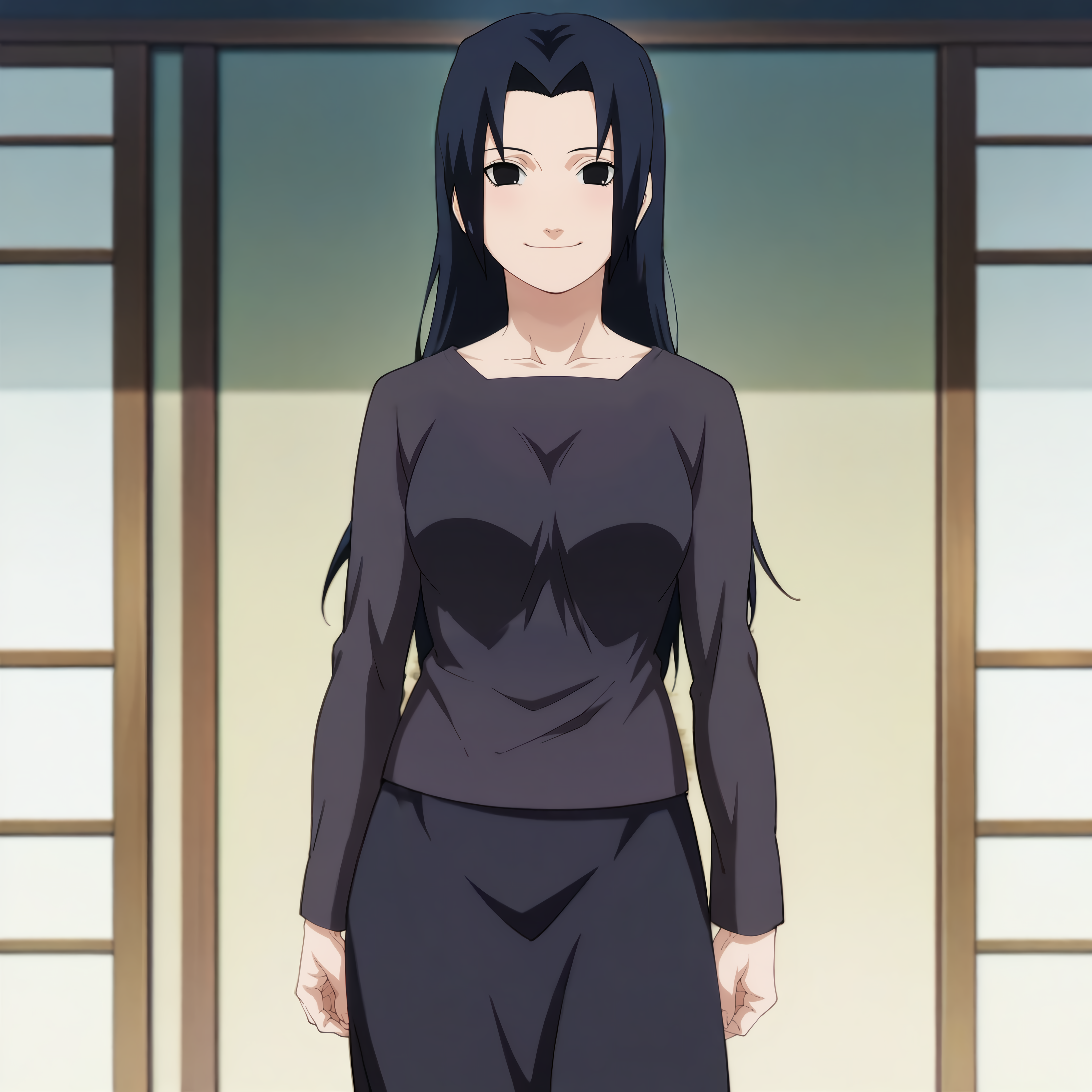 looking at viewer, standing, smile,solo,portrait, face_focus
, <lora:uchiha_mikoto_IL:0.9> uchiha_mikoto_il, parted bangs, bangs, long hair, black hair, black eyes, medium breasts,
shirt, skirt, black shirt, black skirt, long sleeves, long skirt,
anime screencap, masterpiece, best quality