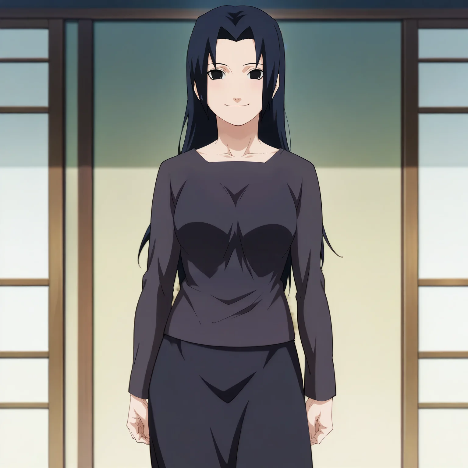 looking at viewer, standing, smile,solo,portrait, face_focus
, <lora:uchiha_mikoto_IL:0.9> uchiha_mikoto_il, parted bangs, bangs, long hair, black hair, black eyes, medium breasts,
shirt, skirt, black shirt, black skirt, long sleeves, long skirt,
anime screencap, masterpiece, best quality