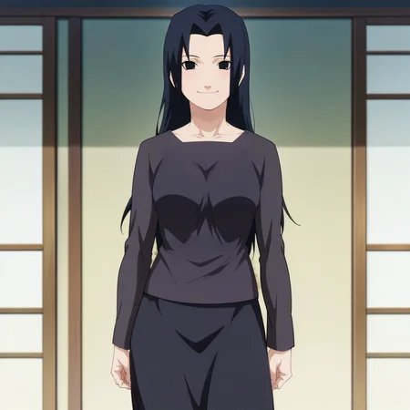 looking at viewer, standing, smile,solo,portrait, face_focus
, <lora:uchiha_mikoto_IL:0.9> uchiha_mikoto_il, parted bangs, bangs, long hair, black hair, black eyes, medium breasts,
shirt, skirt, black shirt, black skirt, long sleeves, long skirt,
anime screencap, masterpiece, best quality
