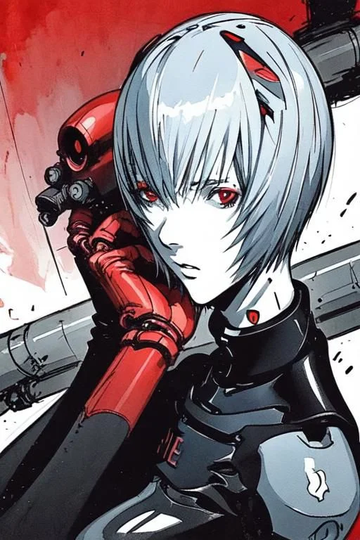 <lora:blame5:1>, cyborg rei ayanami, (ayanami rei:1.2), blue hair, short hair, (red eyes:1.3), portrait, dim light, ((heavy black and white)), only head portrait, blame, full of tubes, biomechanical, giger, horror, mechanical, tubes and metal, rei ayanami, (ayanami rei:1.2), blue hair, short hair, (red eyes:1.3),, bodysuit, headgear, plugsuit, black bodysuit, , hand drawn, pencil drawn, watercolor, painting, handmade