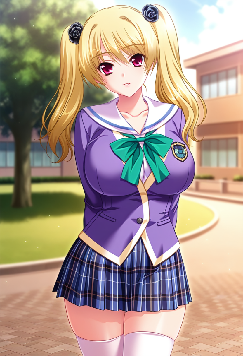 masterpiece, best quality, amazing quality,kitaooji rin, red eyes, blonde hair, twintails, long hair, 1girl, solo, school uniform,blue skirt, breasts, large breasts, plaid skirt, hair flower, black rose, purple blazer, white sailor color, white shirt, green bow,white thighhighs, parted lips, light smile, standing,arms behind back, looking at viewer, cowboy shot, blurry background, outdoors, school, cherry blossomy<lora:kitaooji rinV1:0.9>