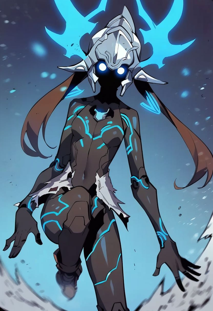 score_9,score_8_up,score_7_up,score_6_up, easynegative, Magnus_PS, 1girl, helmet, small breasts, black skin, blue eyes, no mouth, standing on one leg, glowing, blurry, looking at viewer, humanoid robot, epiCPhoto