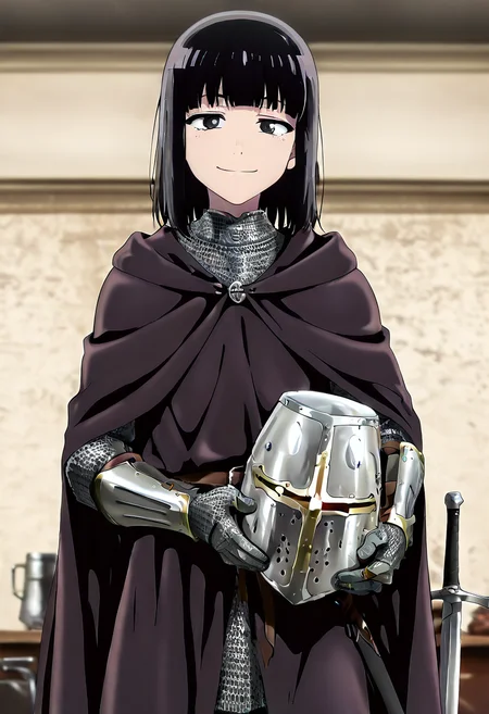 masterpiece, best quality, absurdres, detailed skin, detailed eyes, anime colored, anime screencap,
<lora:Suzushiro_Hatsuka_IL-000008:0.8>, Suzushiro Hatsuka, 1 boy, femboy, solo, black hair, black eyes, looking at viewer, smile, mouth open, no headwear,
<lora:Great_Helm:1>, chainmail, ((holding helmet)), greathelm, sword, sheathed, cape, gauntlets,