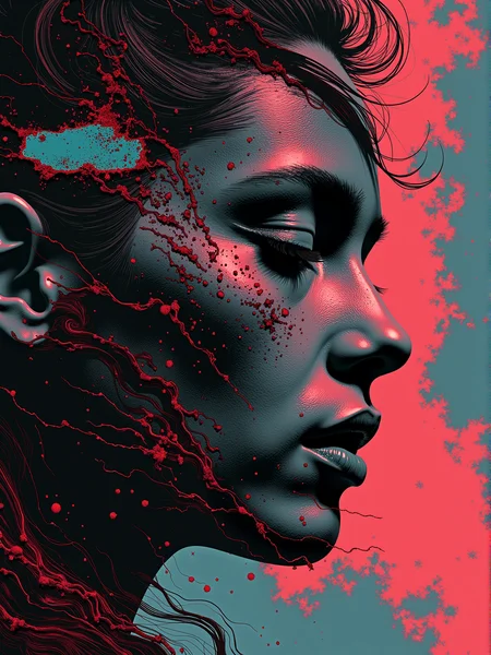 An illustration for a song. The text reads: "Aqua Regia" with a desaturated yet dark color scheme, utilizing toned hues juxtaposed against deep blacks and muted tones symbolizing the duality of human emotion and modern existence. Abstract and metaphorical visuals, such as fragmented reflections, distorted realities, and dreamlike sequences that evoke the song's themes of struggle, transformation, and the interplay of love and war with an overseeing Deus.
Well, my love is an animal call
Cutting through the darkness, bouncing off the walls
Between teeth on a broken jaw
Following a blood trail, frothing at the maw
<lora:Darkcore:0.3> darkcore <lora:Glitchcore_Flux:0.4>