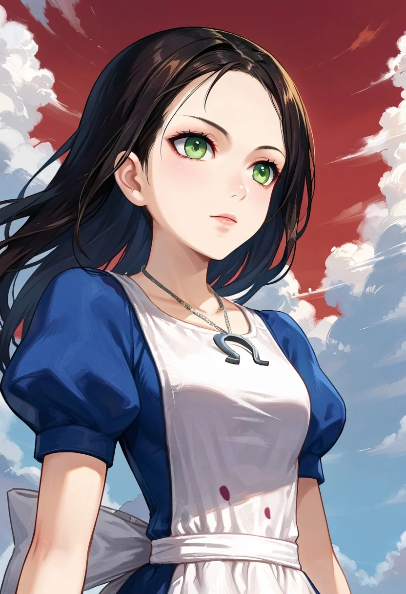 SCORE_9, SOURCE_ANIME, SOLO, 1GIRL, PORTRAIT, CLOSE UP, FRONT VIEW, ALICE LIDDELL, BLACK HAIR, GREEN EYES, DRESS, APRON, NECKLACE, RED SKY, CLOUDS,