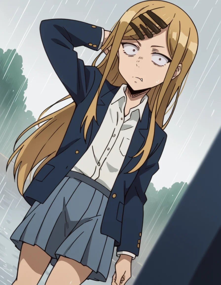 score_9, score_8_up, score_7_up, source_anime, <lora:saya-endou-s2-ponyxl-lora-nochekaiser:1>, saya endou, long hair, blonde hair, hair ornament, brown eyes, hairclip, fang, wide-eyed, constricted pupils, sanpaku,, skirt, shirt, hair ornament, school uniform, jacket, pleated skirt, socks, blazer,, rainy day, umbrella, walking home, puddles, wet hair, , looking at viewer, hand behind head, solo,, cowboy shot, dutch angle