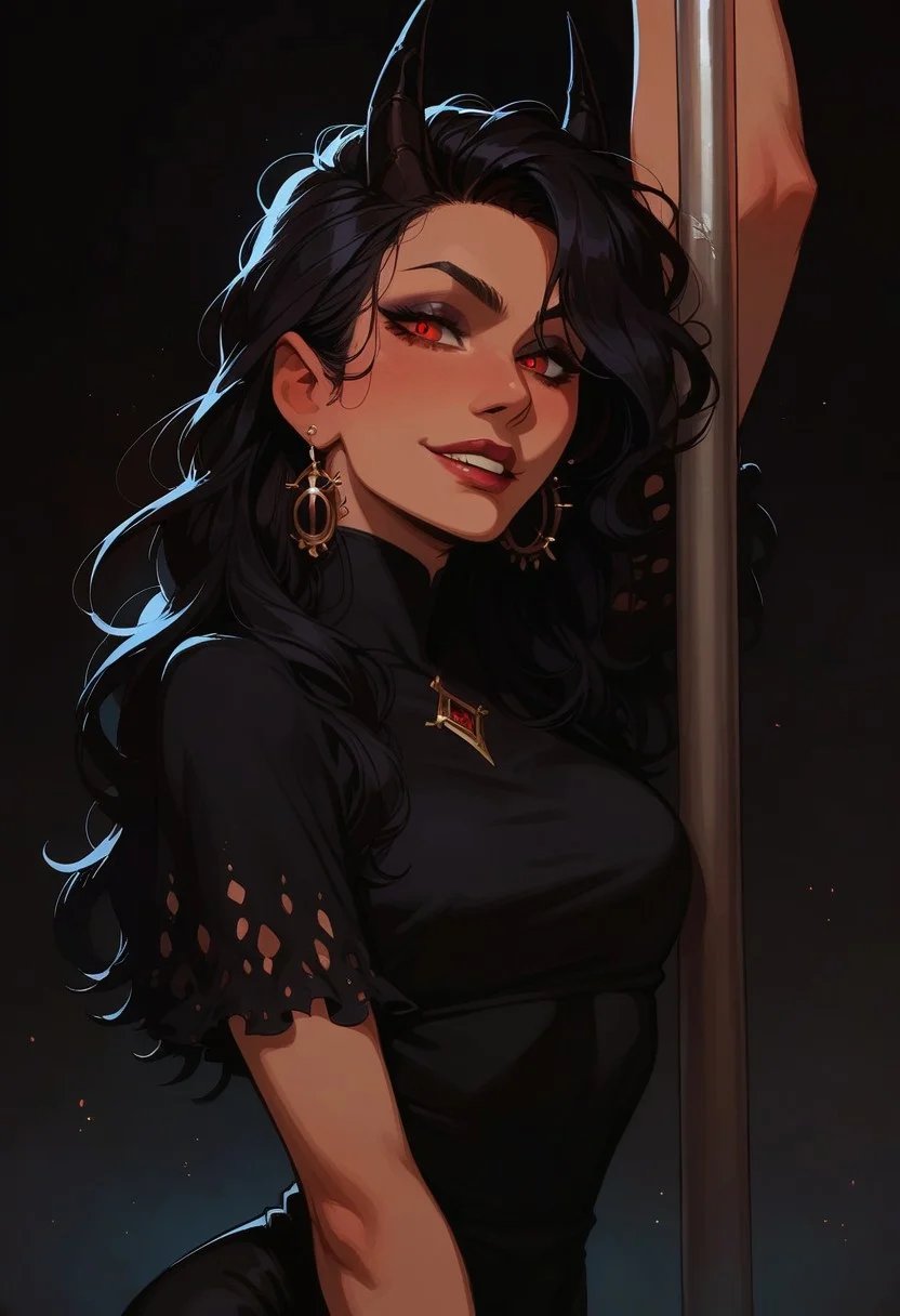 score_9, score_8_up, score_7_up, score_6_up, pretty woman, 1girl, Black messy hair, demon, dark red eyes, seductive smile, malevolent look, eyeliner, eyeshadow, long hair, straight hair, demon black horn, eternal horns, happy, smile, pretty face, long hair, Black dress, villain dress, sexy pose, public, downtown city, pole dancing.