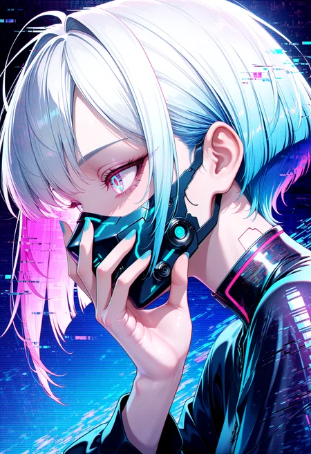 lazympos, very aesthetic, absurdres, highres, newest, 2024, HDR, 8K, high detailed, high contrast, detailed background,
1girl, short hair, multiple color hair, nail polish, detailed eyes, perfect eyes, realistic eyes, side profile, intricate mask, pierzing gaze, glowing eyes, eloquence, holographic, cyberpunk, synthwave, mysterious, extended arm, hand on own face, hand focus, hand close up,(glitch effect:1.3),(Scanline Effec:1.3), chromatic aberration, color fringing