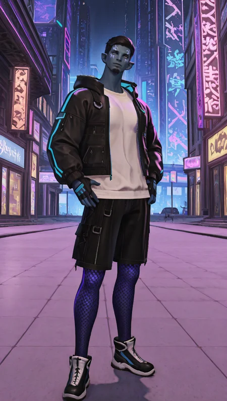 masterpiece,best quality,absurdres,newest,perfect quality,best quality,absolutely eye-catching,male focus,<lora:Solution_Nine_Backgrounds:0.6>,S0LUT10N-9 Style,cyberpunk,tall male,1boy,black hair,colored skin,blue skin,blue freckles,grey eyes,short hair,pointy ears,facial mark,goatee,s9 black outfit,black fingerless gloves,white shirt,black jacket,hooded jacket,hood down,black shorts,purple leggings,striped two-tone shoes,city,night,neon signs,neon lights,neon signs,buildings,hands on own hips,sci-fi,futuristic,head tilt,looking at viewer,