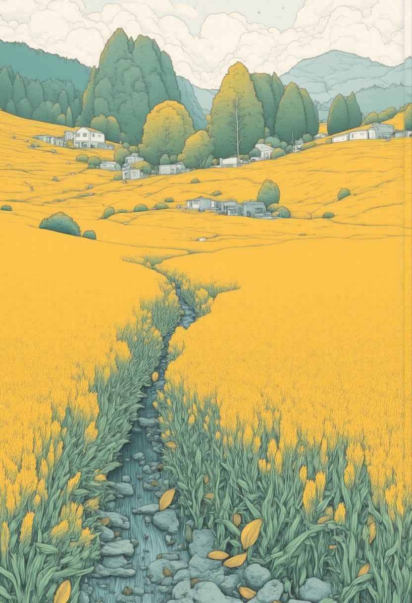 Cereal fields all around with some humble peasant houses and tree groves here and there. Children's book illustration. bo-abstract, in the style of dmai.