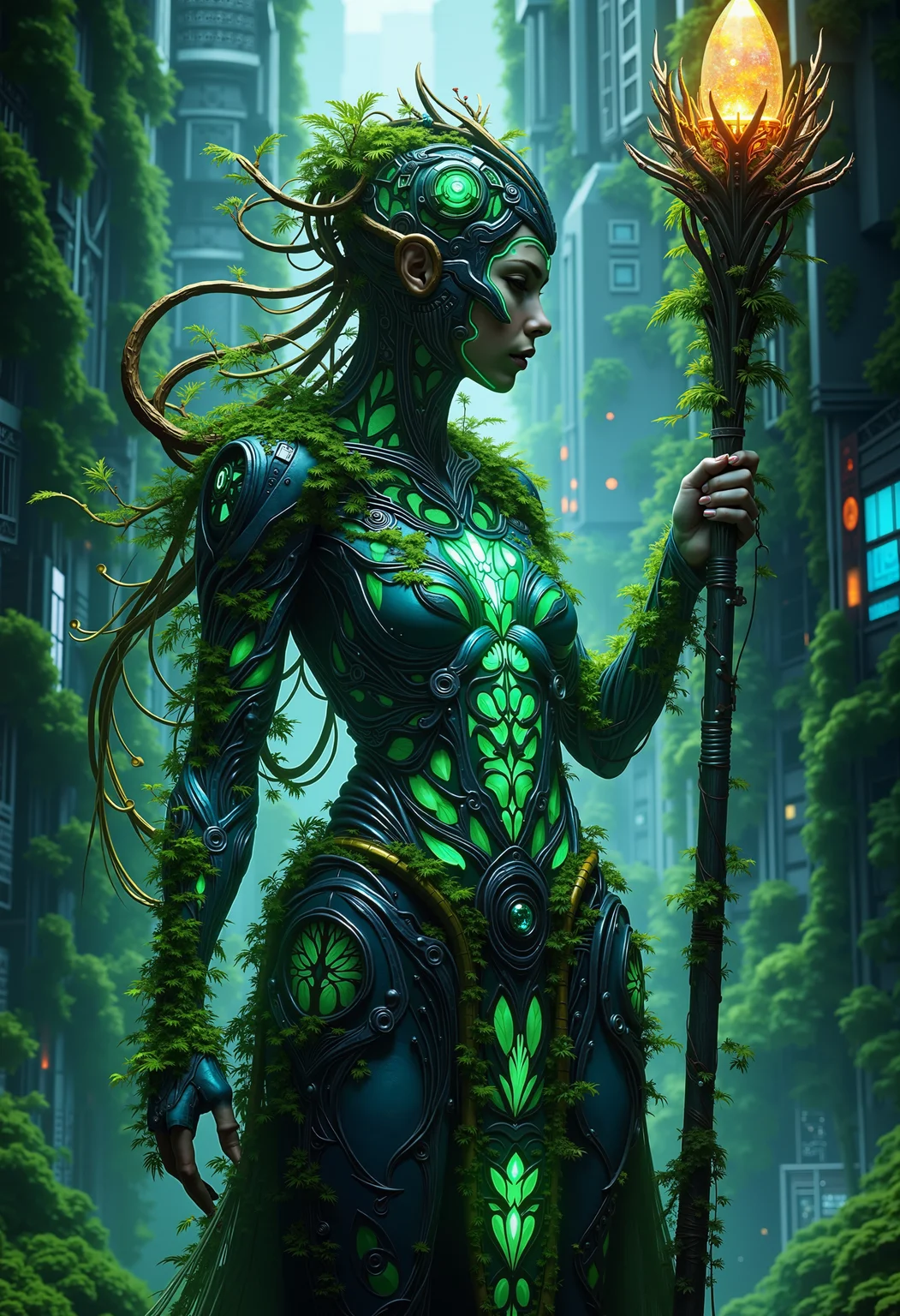 A cyber-shaman woman with holographic vines and leaves projecting from her body, standing in a dimly lit urban jungle. She has glowing tattoos in the shape of leaves, and her staff is a fusion of metal and living wood, topped with a vibrant, glowing crystal. The background reveals towering buildings partially covered in greenery, creating a surreal fusion of wilderness and civilization. bo-naturepunk, naturecyberpunk, greenpunk<lora:FLUX Naturepunk\bo-naturepunk-000012.safetensors:1.0:1.0>