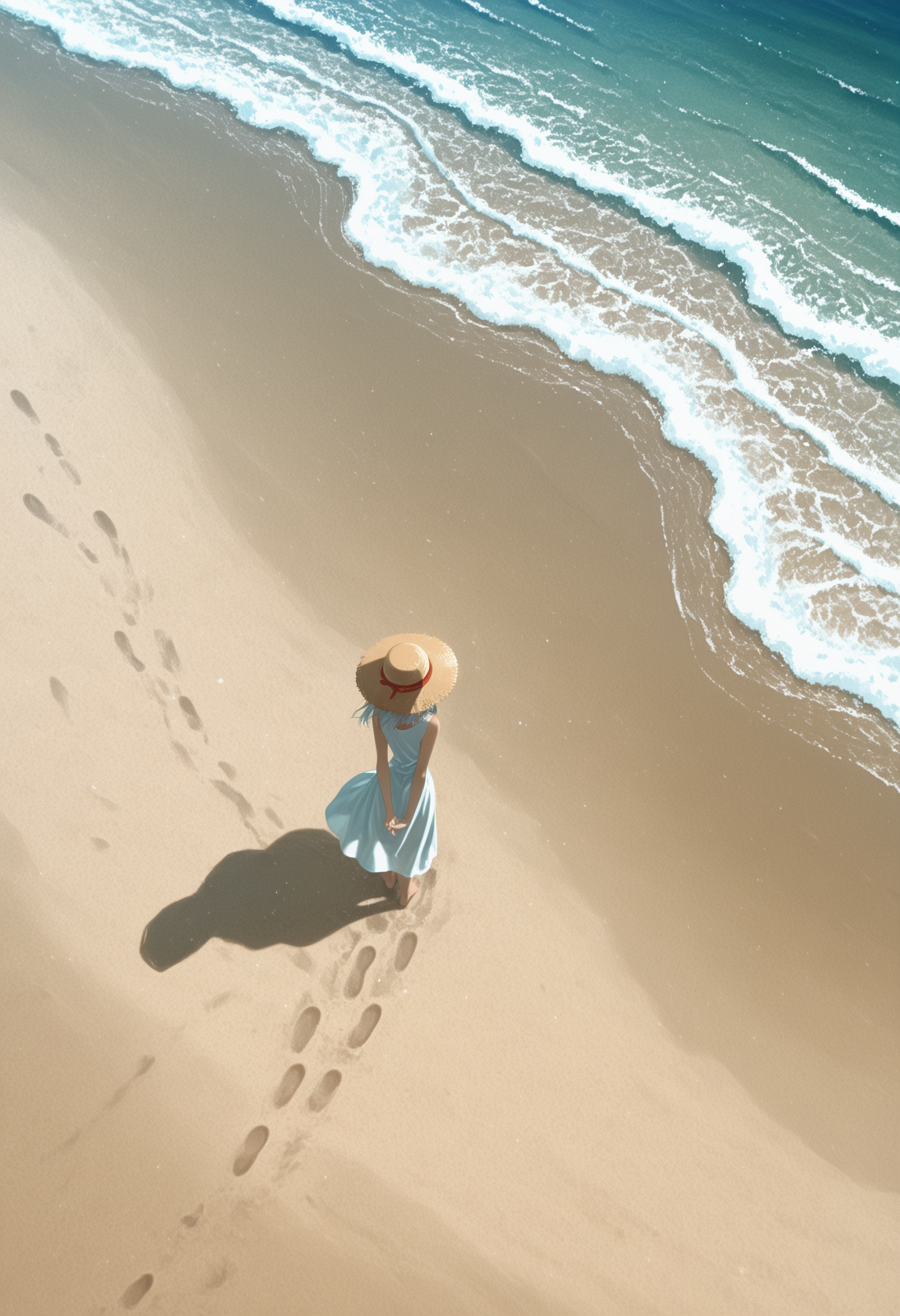 1girl, from above, facing away, footprints, bare foot, very wide shot, beach, foaming waves, outdoors, down, solo, white dress, sleeveless dress, arms behind back, straw hat, from behind, 
(anime coloring:0.6), (isshiki \(ffmania7\):0.5),
<lora:illustrious_noobai_epsilon_pred_1_masterpieces_v1:1> masterpiece, very aesthetic, absurdres, <lora:spo_sdxl_10ep_4k-data_lora_webui:0.8>, <lora:NOOB_vp1_detailer_by_volnovik_v1:0.6>,  <lora:negative-space-merged-3:1> negative space