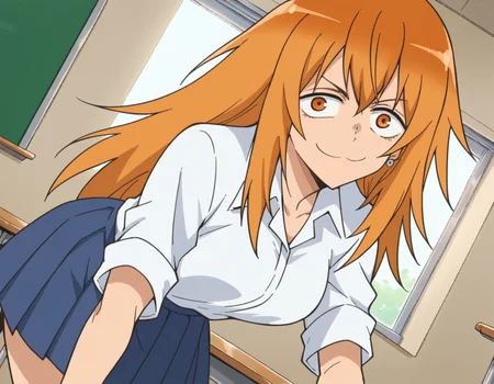 score_9, score_8_up, score_7_up, source_anime,
makigamou, <lora:maki-gamou-s1s2-ponyxl-lora-nochekaiser:1>,
maki gamou, long hair, orange hair, orange eyes, sanpaku,
skirt, shirt, jewelry, school uniform, white shirt, pleated skirt, earrings, blue skirt,
indoors, classroom, bent over, smile,
looking at viewer, cowboy shot, solo, dutch angle,