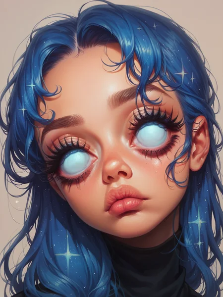 score_9, score_8_up, score_7_up, score_6_up, <lora:l4rg33y3sXLP:0.9> l4rg33y3s, 1girl, portrait, looking at viewer, eyelashes, blue hair, long hair, makeup, blank eyes, galaxy