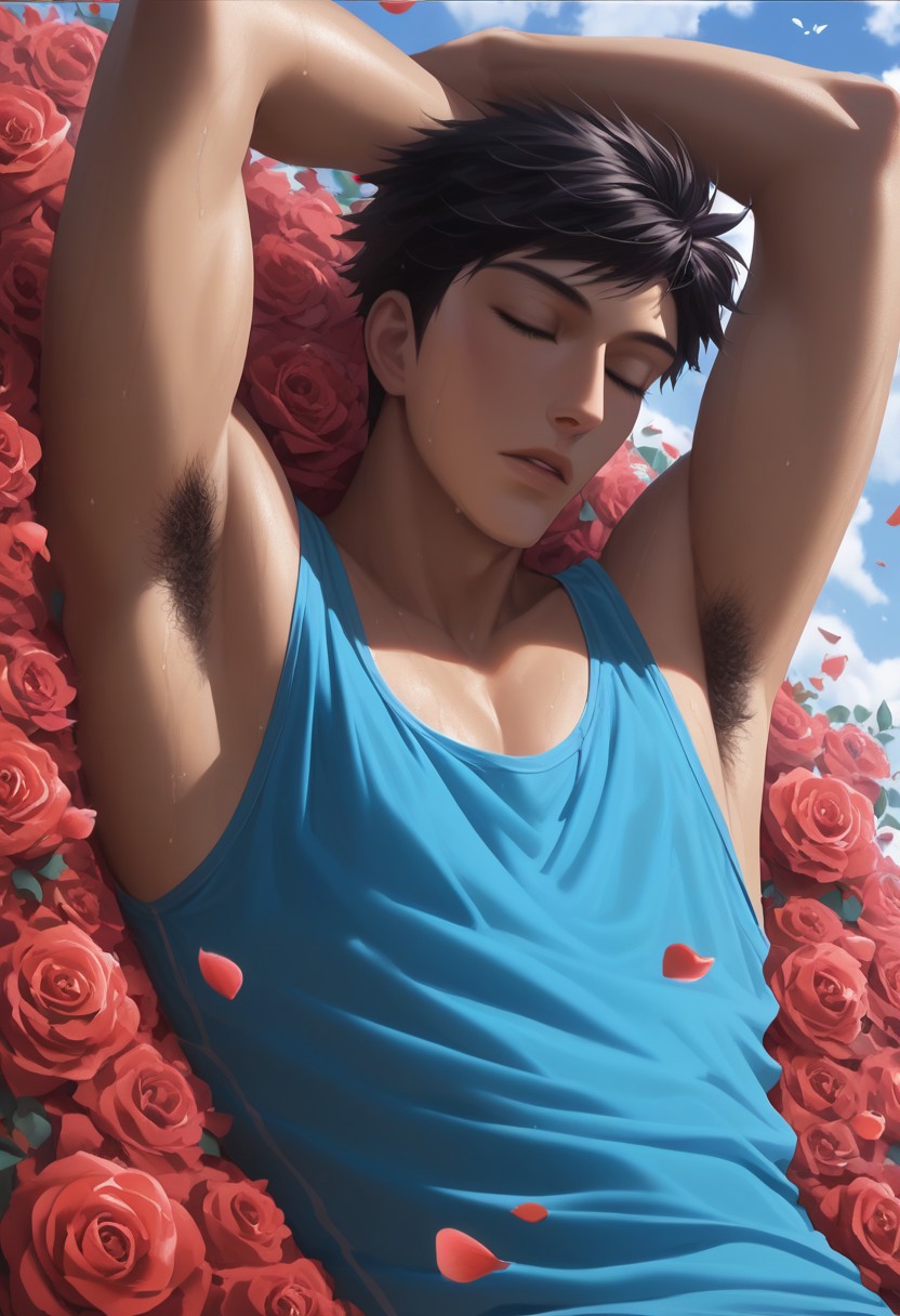 score_9, score_8_up, score_7_up, source_anime, rating_explicit, petals, MoriOHHC, (black_Mori_hair), closed eyes, 1boy, male focus, arms up, hands behind head, armpits, armpit hair, parted lips, tank top, sweaty, handsome prince of roses, lying, sleeping, blurry outdoor hill side, clear sky, few butterflies, dutch angle, realistic shading, cinematic, foreground blur