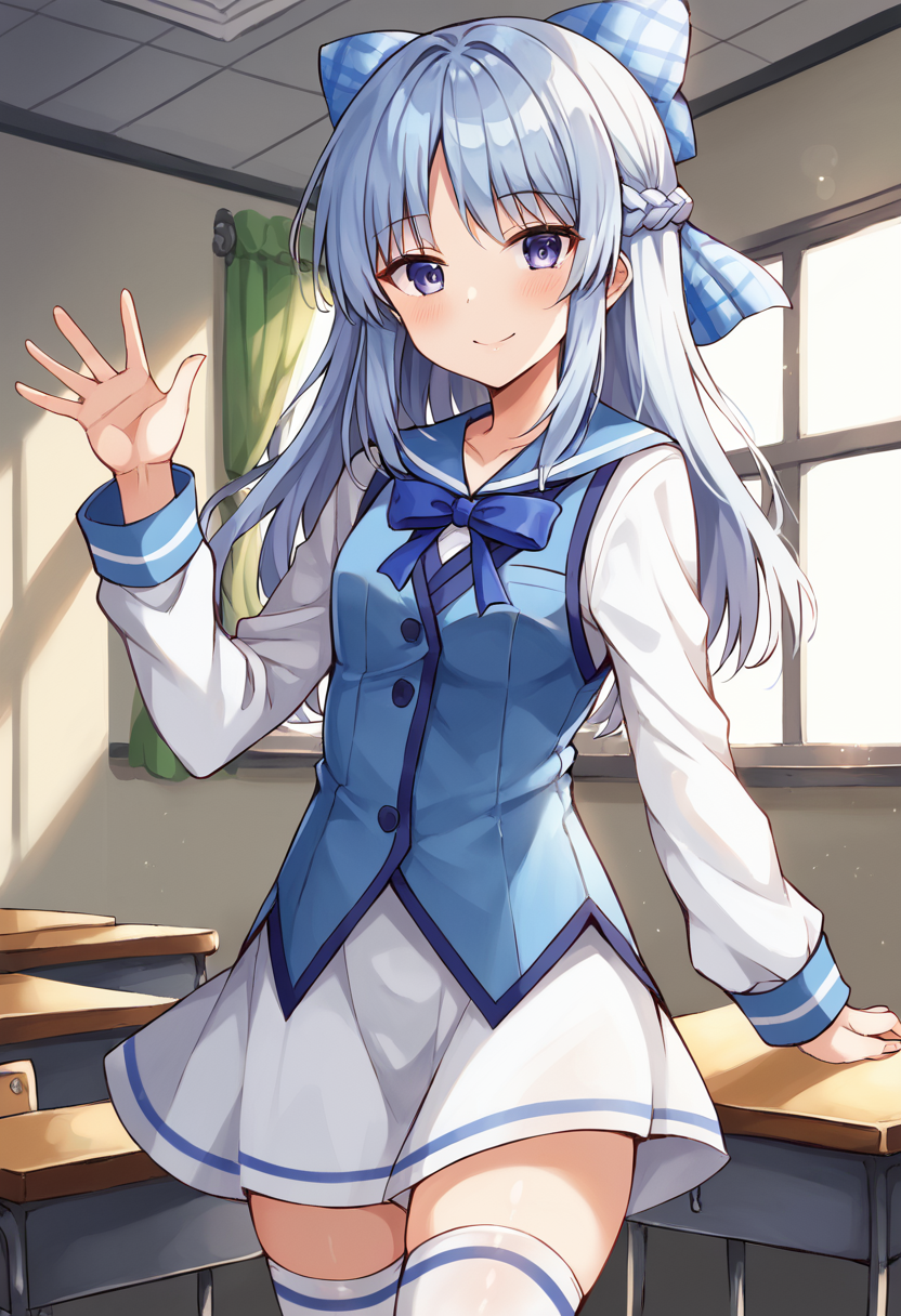 score_9,score_8_up,score_7_up,source_anime,masterpiece,best quality,1girl,solo,kobotoke_nagi,small breasts,long hair,blue hair,braid,bow,checkered hair bow,blue bow,purple eyes,blue eyes,school uniform,blue vest,blue sailor collar,long sleeves,white skirt,thighhighs,<lora:channagi:1>,looking_at_viewer,cowboy_shot,classroom,window,smile,waving,