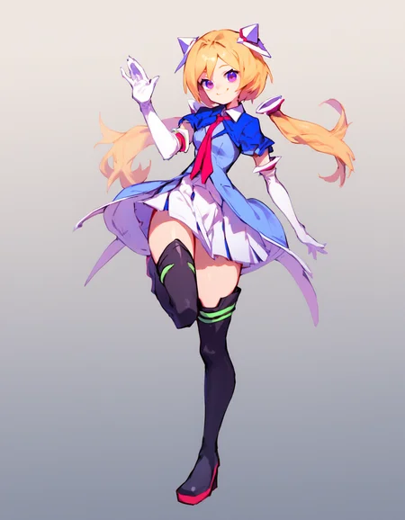 source_anime, score_9, score_8_up, score_7_up,
<lora:akirose_pony_v01a02ep17_resize32:1>
waving, smile, leg up, 
akiFirst, detached hair, low twintails, blonde hair, gradient eyes, purple eyes, headgear, elbow gloves, white gloves, black footwear, thigh boots, white skirt, blue jacket, white skirt, overskirt, red necktie, 
1girl, solo, gradient background, full body, standing