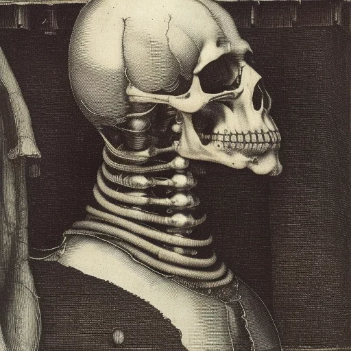 threatening cyborg, durer-style, skull, bust