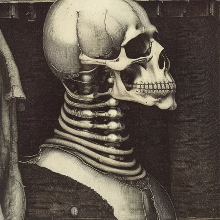 threatening cyborg, durer-style, skull, bust