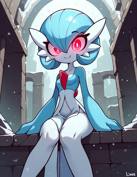 score_9, score_8_up, score_7_up, score_6_up, score_5_up, score_4_up, BREAK , cute , gardevoir, pokemon \(creature\),two-tone_skin,, pelvic curtain, glowing eyes, perspective distortion, solo, looking at viewer, smile, sitting, small breasts,
icey tundra , ruins, icy wind, snow particles ,shiny pokemon, blue skin , <lora:Diives_PDXL:1> by Diives