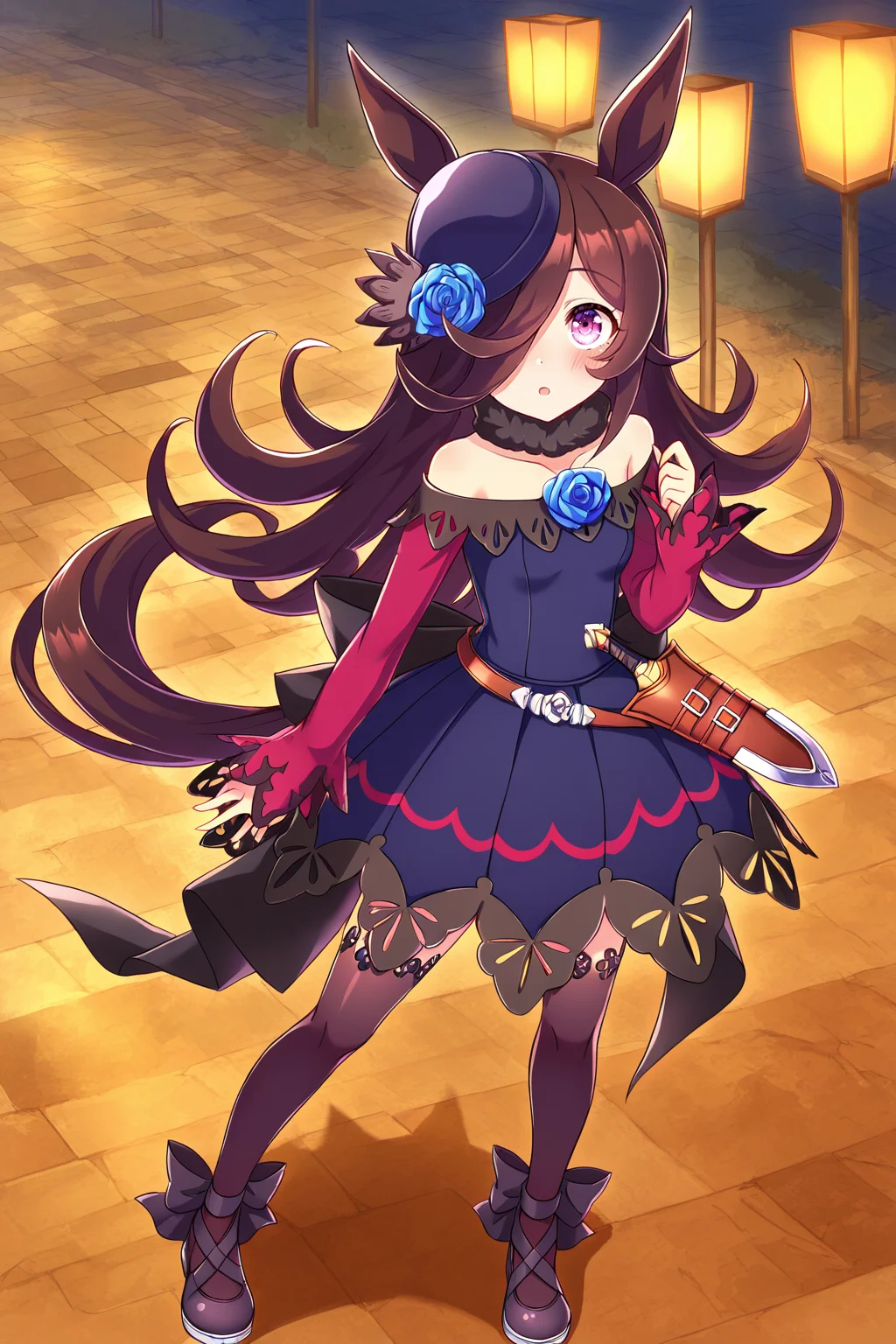 masterpiece,best quality,very aesthetic,absurdres,highres,newest,official art,official style,
1girl,solo,
rcs race,rice shower (umamusume),
animal ears,back bow,bangs,bare shoulders,belt,black bow,blue dress,blue flower,blue rose,
blush,brown hair,black legwear,brown thighhighs,collarbone,dagger,dress,dress bow,eyebrows visible through hair,
flipped hair,flower,fur choker,fur collar,hair flower,hair ornament,hair over one eye,
hat,hat flower,horse ears,horse girl,horse tail,knife,long hair,long sleeves,
off shoulder,off-shoulder dress,one eye covered,purple dress,purple eyes,purple headwear,rose,
sheath,sheathed,shoes,short dress,sleeves past wrists,tail,thigh-highs,thighhighs,
tilted headwear,very long hair,violet eyes,weapon,
eye_focus,<lora:eye_focus:1>,
standing,full body,
<lora:umamusume_rice_shower_ill_v1.0:1>,