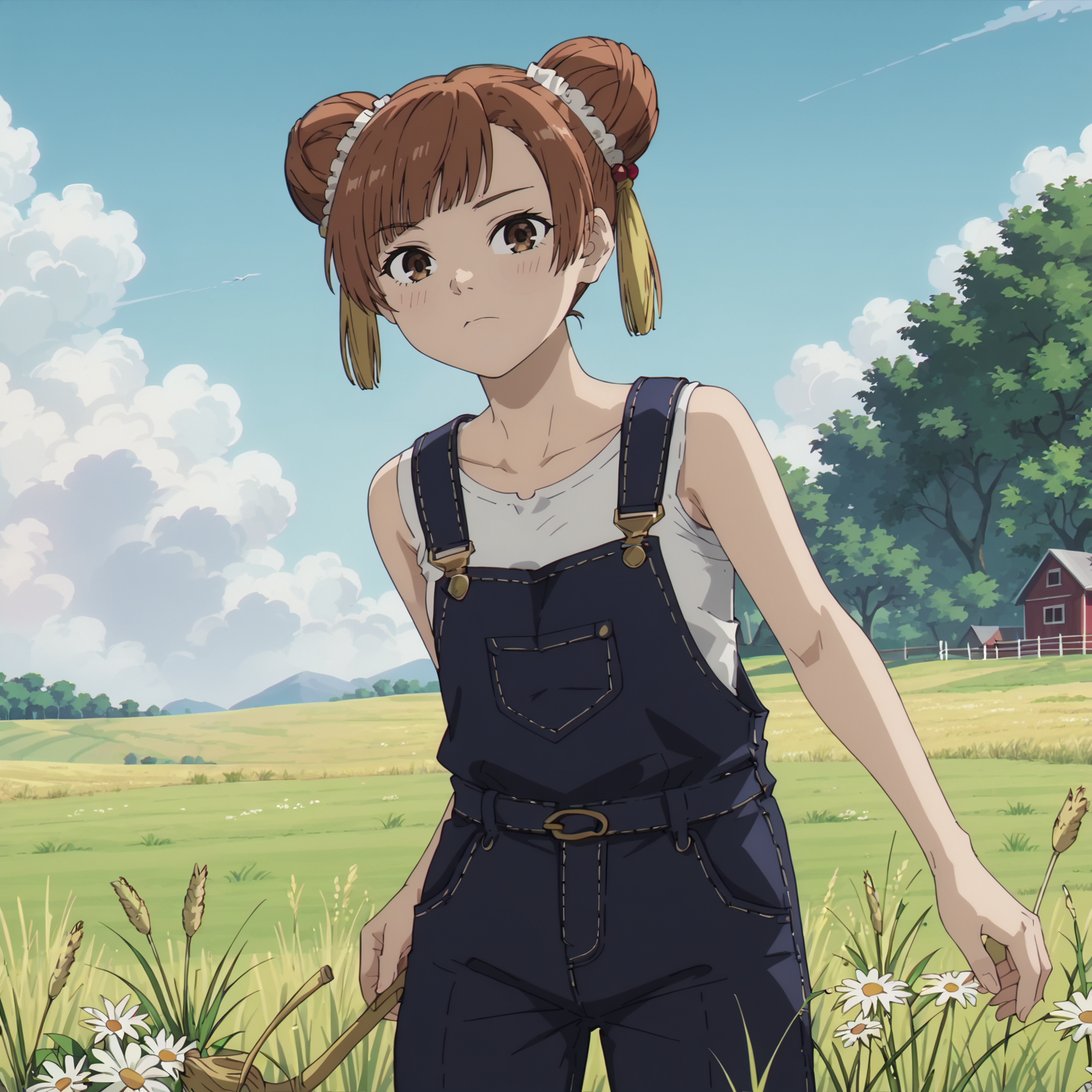 <lora:LaufenXL004>,<lora:DetailedEyes_V3:1.6>,
solo,
anime screencap,
score_9,score_8_up,
Laufen,1girl,brown hair,short hair,double bun,brown eyes,yellow hairornament,
cowboy shot,
overalls,ranch,straw,grassland,cow,sky,