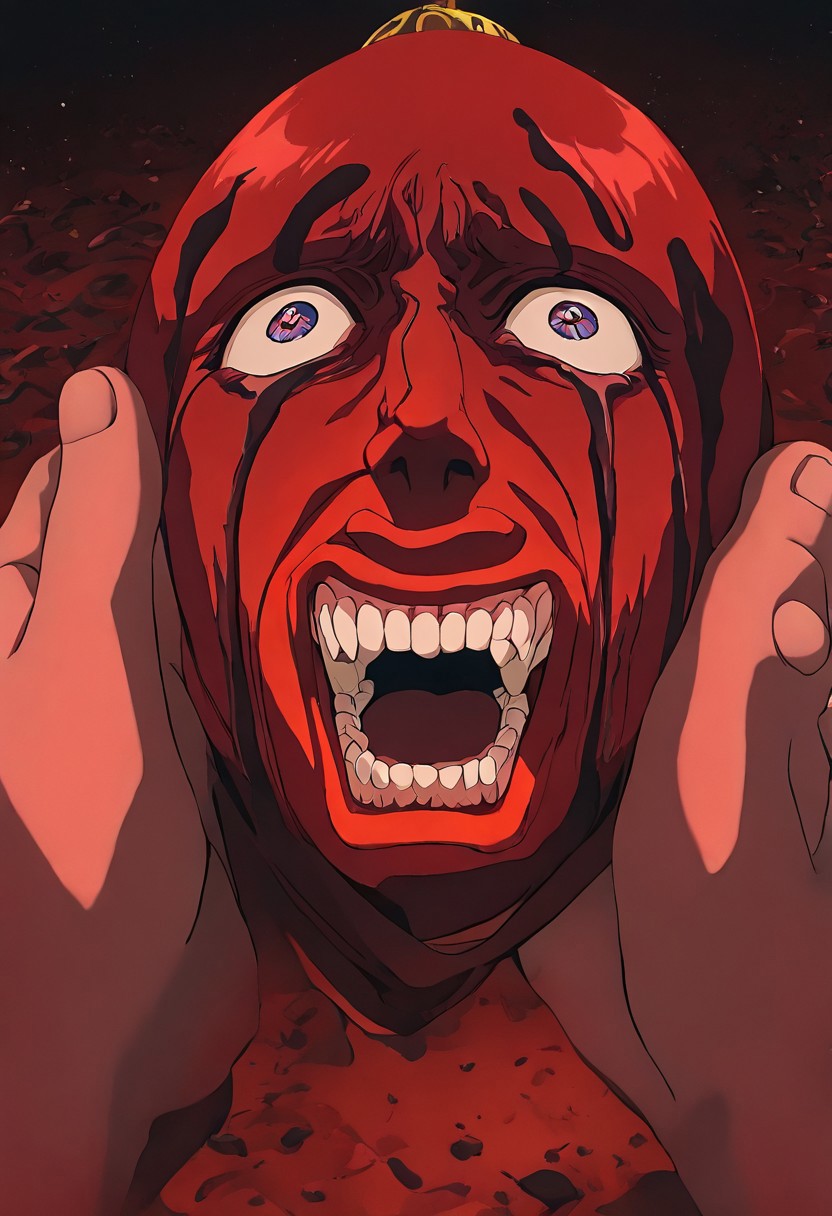 masterpiece, best quality, newest, absurdres, highres, 
vintage anime, 90s anime, 
BBH/EOK-V1.0-awoken, blood from eyes, screaming, teeth, shouting, wide-eyed, behelit, jewelry,