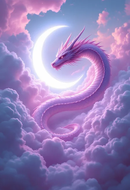 a mystical, soft scene set in a full of cloudy, daytime sky, featuring a large, serpentine dragon coiled around a luminous crescent moon. The dragon's body is long and sinuous, with light pink, jagged scales that create a stark contrast against the bright, glowing white moon. Its head is adorned with a crown of sharp, angular horns, and it gazes down with a menacing yet majestic presence. The moon, radiating an ethereal pink light, appears almost crystalline, casting an otherworldly glow on the surrounding clouds, which are illuminated in varying shades of deep pink and white. The overall composition has a surreal, dreamlike quality, combining elements of fantasy and celestial imagery. The artwork is rich in detail, with the clouds rendered in a soft, billowing texture, while the dragon and moon feature sharp, defined lines and highlights, enhancing the mystical atmosphere of the piece.