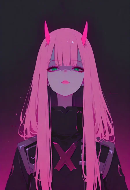 masterpiece, best quality, good quality, very aesthetic, absurdres, 1girl, Zero Two (Darling In The FranXX), solo,, masterpiece, best quality, very aesthetic, pink lips, deep shadows, dark theme,