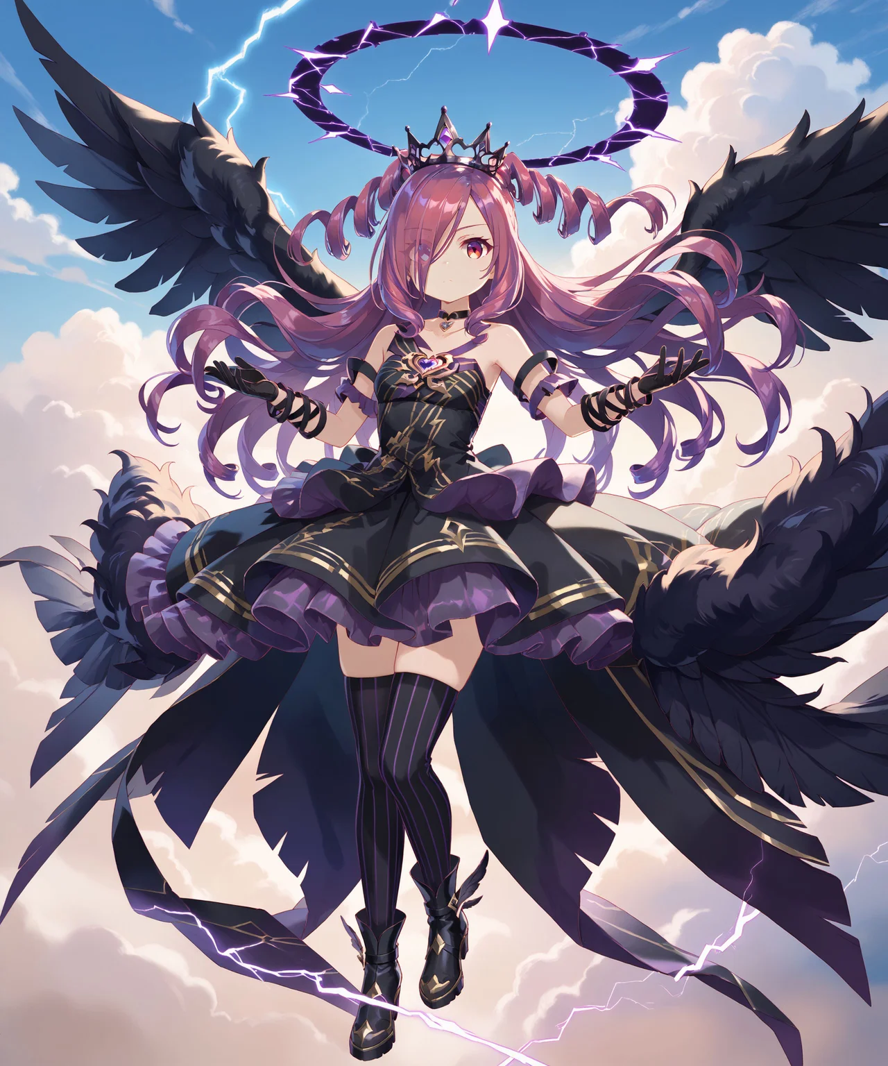score_max, (score_9, score_8_up, score_7_up:1.2), score_6_up, official art, source_anime,
, masterpiece, absurdres, high detail, 8k,
golden sky, god rays, cloud, lightning, umbrakinesis,
floating, invisible chair, outstretched arms, holding sword, shaded face, expressionless, frown, looking at viewer,
solo, iroha, purple hair, hair over one eye, very long hair, drill hair, double drill, magicafallen, halo, crown, tiara, choker, black dress, heart brooch, bare shoulders, sleeveless, striped, black gloves, fur-trimmed skirt, vertical-striped thighhighs, black thighhighs, boots, black wings, multiple wings
<lora:XL_Pony_MGCM-iroha-t1:1>