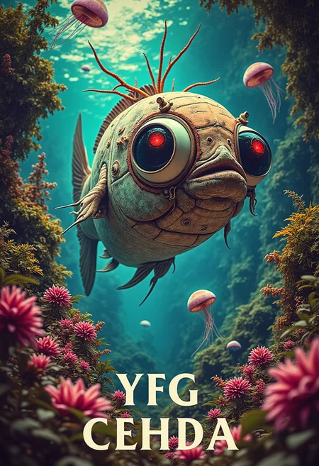 yfg-cehda poster, glow, neon, clean, high key photo, lower thirds text "YFG CEHDA", 3d art by Salvador Dali, rich deep color, painting, surrealism, surreal, strange odd alien fish looking at viewer. large eyes, underwater paradise, with surreal plants and jellyfish, cosmic DMT feeling. beautiful detailed supreme quality color intricate, stunning detail, polished, glowing, beautiful elegant