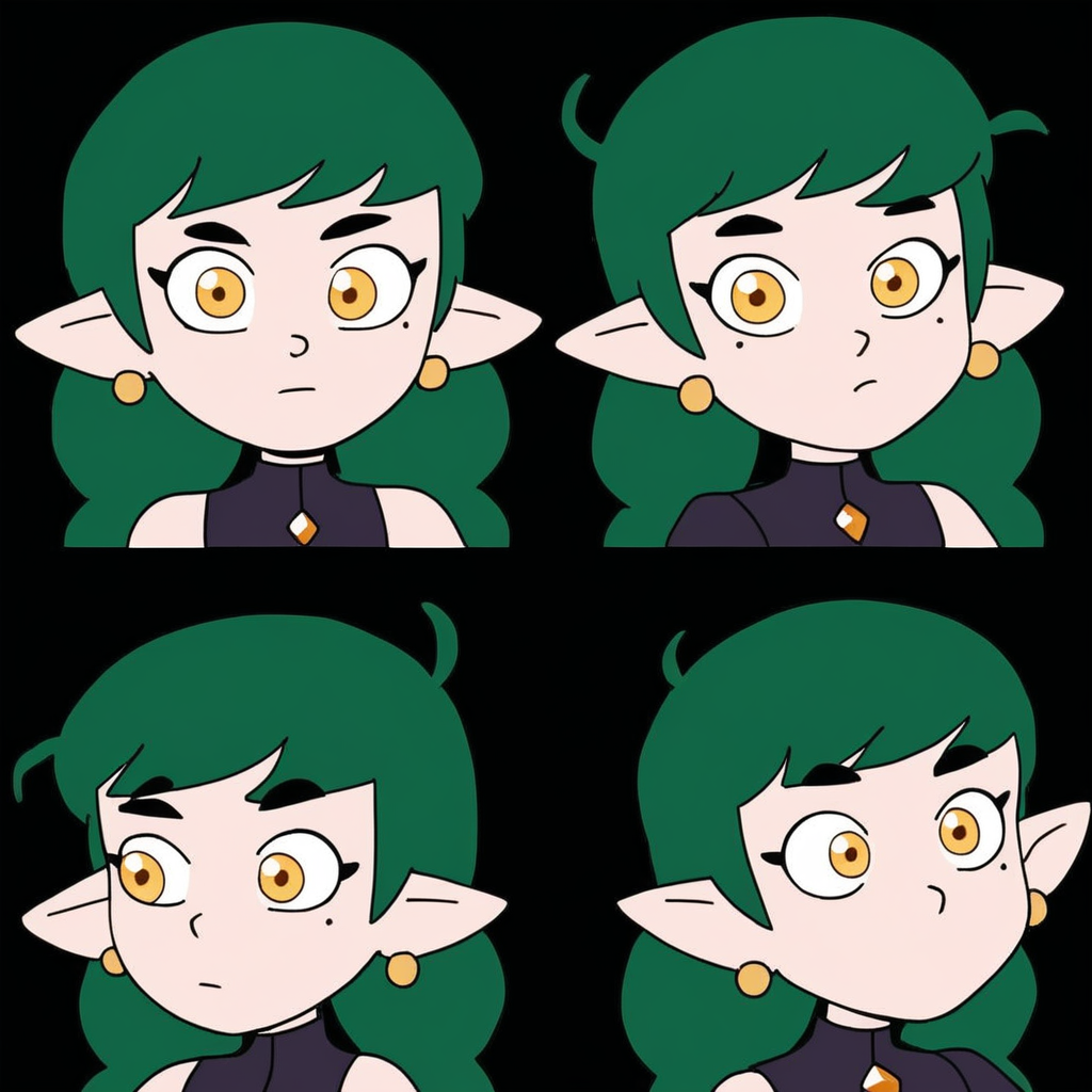 female, emira blight, face shape is also rounded off to a point, pale skin, golden eyes, emerald green hair, pointed ears