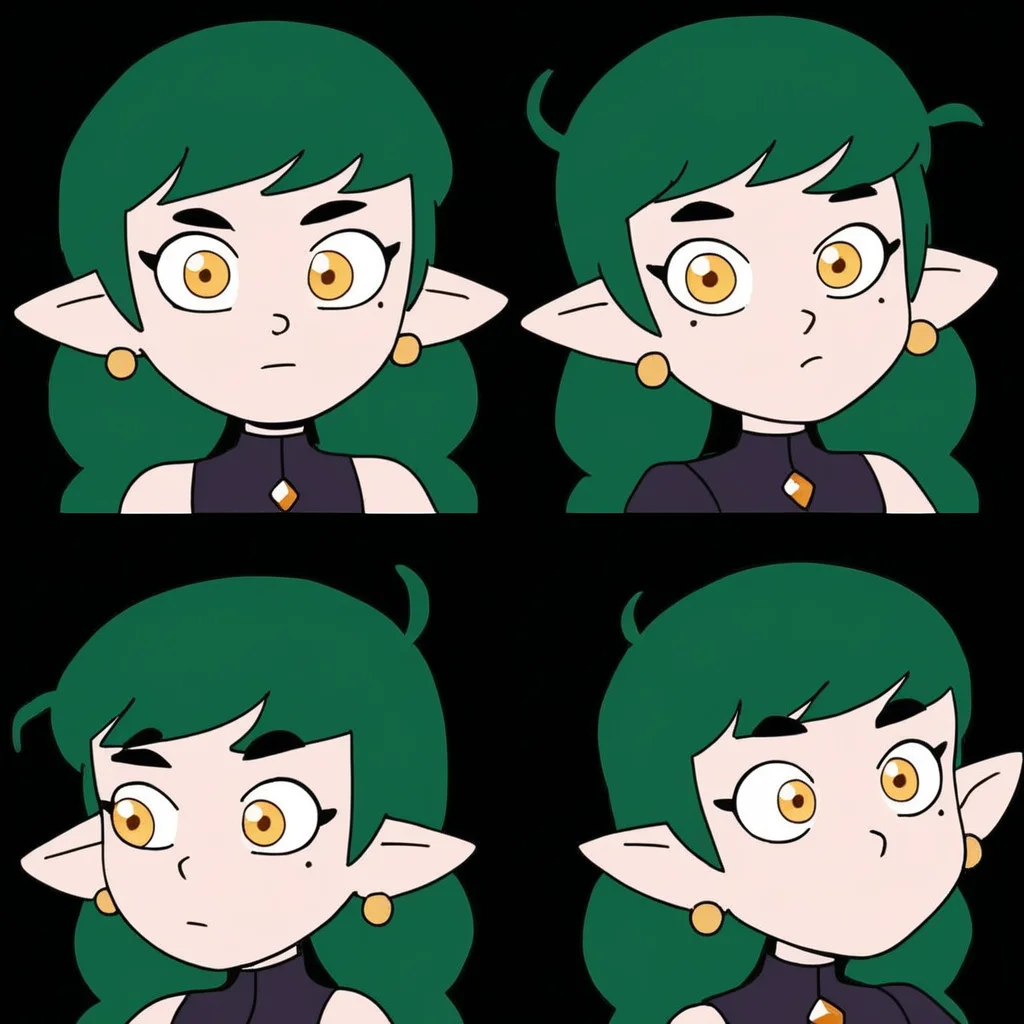 female, emira blight, face shape is also rounded off to a point, pale skin, golden eyes, emerald green hair, pointed ears