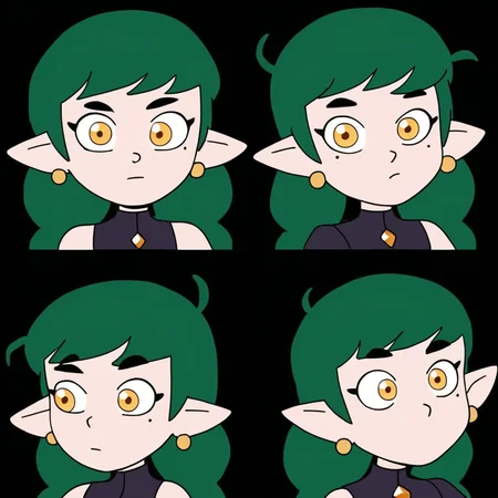 female, emira blight, face shape is also rounded off to a point, pale skin, golden eyes, emerald green hair, pointed ears