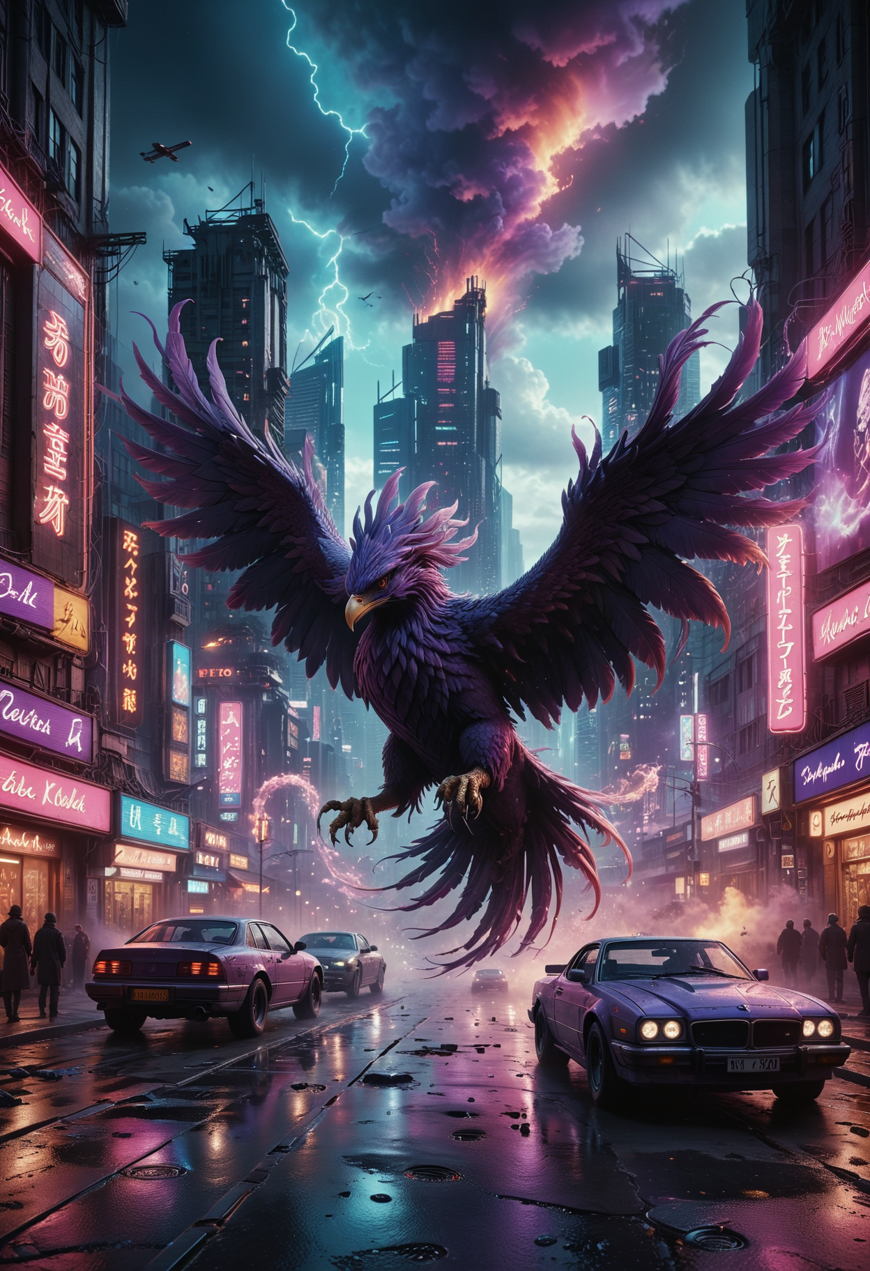 (cinematic keyframe:1.5), a thrilling movie poster, depicting a majestic purple phoenix in mid-flight, surrounded by swirling AI-coded clouds, with hints of electric blue and neon pink undertones, set against a dystopian futuristic cyberpunk cityscape at night. Neon-lit skyscrapers, holographic advertisements, and bustling streets filled with flying cars and pedestrians create a dense, atmospheric backdrop. The composition exudes a cinematic, film-noir feel, with shallow depth of field, bokeh, and vignette effects. Inspired by the conceptual works of Maciej Kuciara, Jama Jurabaev, and Wojtek Fus, this poster embodies a rich, cinematic color grading, reminiscent of Kodak Porta 400 and Cinestill 800 film stocks, captured through the lens of a Leica M10, with a filmic, high-contrast finish. (cinematic concept), (by maciej kuciara:1.2), (by jama jurabaev:1.2), (by wojtek fus), cinematic color grading, cinematic lighting, (shallow depth of field), vignette, bokeh, kodak porta 400, cinestill 800, leica m10, (filmic), cyberpunk, neon cityscape.
<lora:add-detail-xl:0.35> <lora:MJ52:0.18> <lora:ral-anmwrlds-sdxl:0.3> ral-anmwrlds <lora:ral-porcelain:0.4> ral-porcelain <lora:ral-cltc:0.1> ral-cltc <lora:ral-dissolve:0.25> ral-dissolve <lora:zavy-mthcl-sdxl:0.2> <lora:SDXLFaeTastic2400:0.2>  <lora:WildcardX-XL-Detail-Enhancer:0.5>