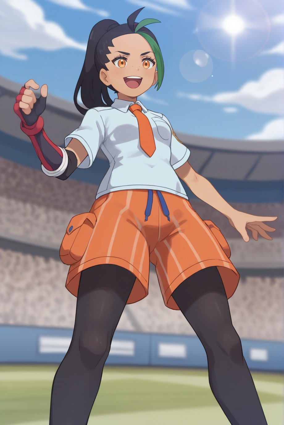 score_9, score_8_up, score_7_up, score_6_up, score_5_up, score_4_up, BREAK source_anime, 1girl, solo,
<lora:PokemonNemonaXL-v1-06:0.7>, ChopioNemona, black hair, green hair, streaked hair, ponytail, long hair, eyelashes, orange eyes, freckles,
outfit_1, light blue shirt, collared shirt, orange necktie, short sleeves, breast pocket, red elbow glove, fingerless glove, single elbow glove, orange shorts, striped shorts, legwear under shorts, black leggings,
stadium, from below, smile, happy, open mouth, sunny, lens flare, depth of field, blurry background, standing,