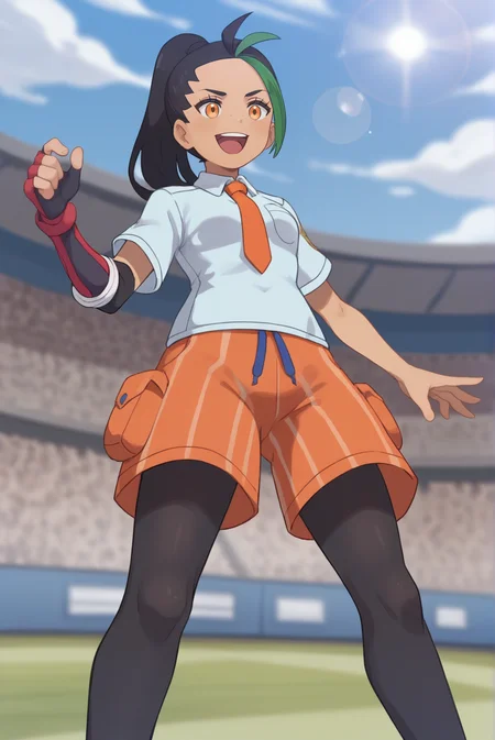 score_9, score_8_up, score_7_up, score_6_up, score_5_up, score_4_up, BREAK source_anime, 1girl, solo,
<lora:PokemonNemonaXL-v1-06:0.7>, ChopioNemona, black hair, green hair, streaked hair, ponytail, long hair, eyelashes, orange eyes, freckles,
outfit_1, light blue shirt, collared shirt, orange necktie, short sleeves, breast pocket, red elbow glove, fingerless glove, single elbow glove, orange shorts, striped shorts, legwear under shorts, black leggings,
stadium, from below, smile, happy, open mouth, sunny, lens flare, depth of field, blurry background, standing,