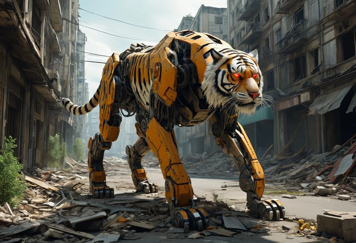 masterpiece, best quality, good quality, a giant robotic tiger walks the streets of a crumbling city. Science fiction, tiger, robot joints, no humans, glowing, red eyes, surreal, cinematic, natural lighting, city, street, mecha, rubble, crumbling building, overgrown, nature reclaiming an abandoned city, cityscape, post apocalypse,