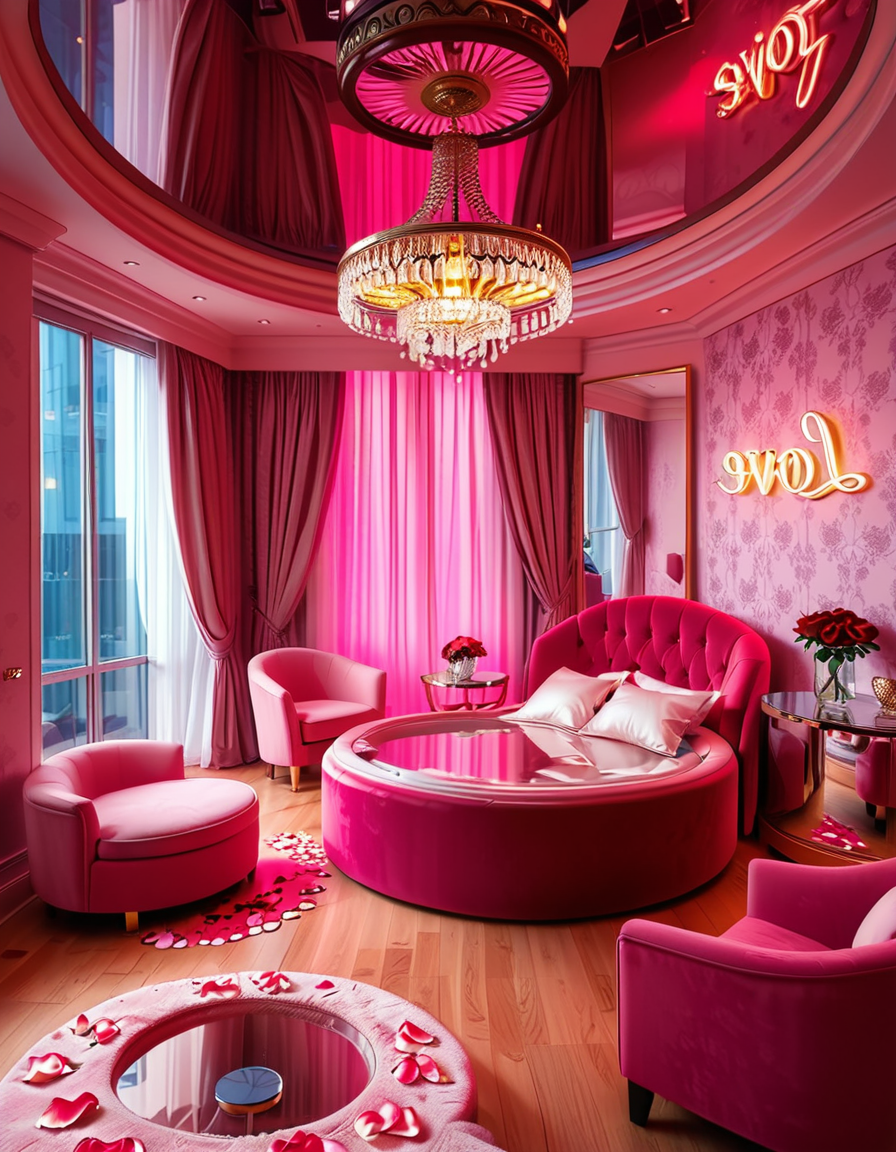 A luxurious, stylish love hotel room,love hotel r00m with a romantic and intimate atmosphere. The room features a large, round king-sized bed with silky red and black sheets, surrounded by soft, ambient lighting. Neon pink and purple LED lights illuminate the walls, creating a sensual glow. A plush velvet sofa sits near the bed, with a glass-topped coffee table holding champagne glasses and a chilled bottle of champagne. The ceiling has a large mirror, reflecting the entire room. On one side, thereâs a floor-to-ceiling window with sheer curtains, showing the night cityscape in the background. A modern jacuzzi tub with rose petals floating on the water is visible in the corner, surrounded by candles. The room has a sleek, modern design with a touch of opulence, including gold accents on the furniture and warm wooden floors. The lighting is dim and moody, emphasizing the romantic ambiance.
<lora:SDXLFaeTastic2400:0.4> <lora:extremely_detailed:0.4> extremely detailed, <lora:love_hotel_r00m:1>, Masterpiece,best quality,hi res,8k,hi res,8k,award winning,(sharp focus, intricate, highly detailed),